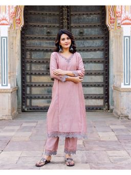 Missprint - Women Pink Embroidered Beads Work Kurta with Pant
