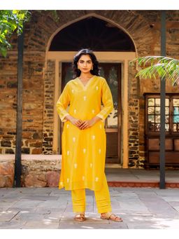 Missprint - Women Yellow Floral Embroidered Kurta with Pant