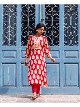 Missprint - Women Red Floral Printed Kurta with Pant