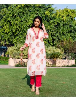 Missprint - Women Off White Floral Printed Kurta with Pant