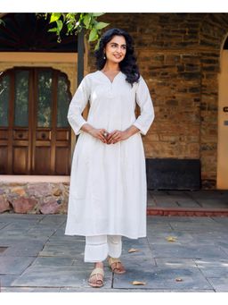 Missprint - Women White Printed Mirror Work Kurta with Pant