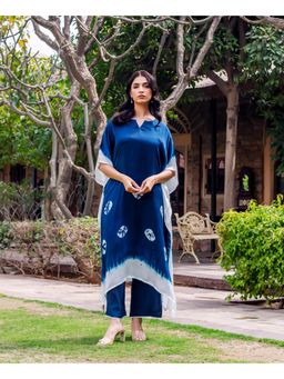 Missprint - Women Navy Blue Tie & Dye Printed Kaftan with Pant
