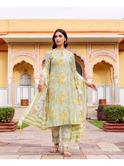 Missprint - Women Green Floral Printed Kurta with Pant and Dupatta