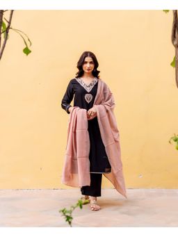 Missprint - Women Black Embroidered Sequined Kurta with Pant and Dupatta