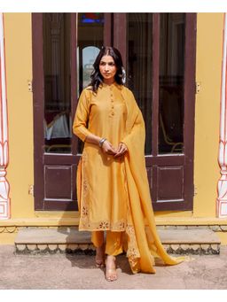 Missprint - Women Mustard Floral Embroidered Kurta with Pant and Dupatta