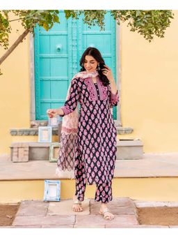 Missprint - Women Black Floral Printed Kurta with Pant and Dupatta