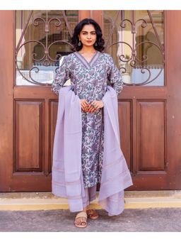 Missprint - Women Lavender Floral Printed Kurta with Pant and Dupatta