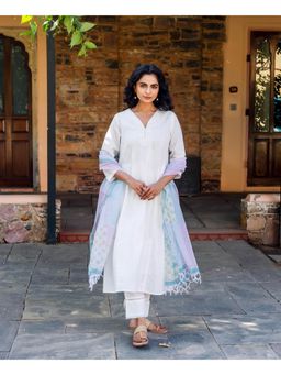 Missprint - Women White Printed Mirror Work Kurta with Pant and Dupatta