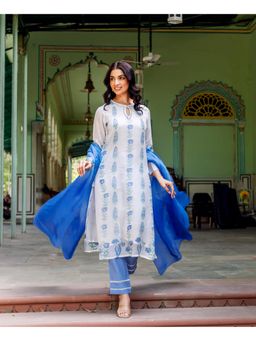Missprint - Women Blue Floral Printed Kurta with Pant and Dupatta