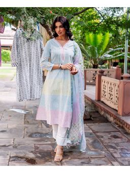 Missprint - Women Multi-Color Stripes Printed Kurta with Pant and Dupatta