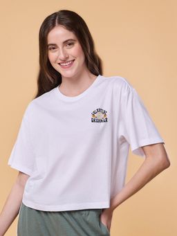 Enamor - Short Sleeve Crew Neck Crop length Slip on Square T-Shirt For Women - E3G5