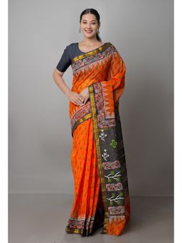 Unnati Silks - Orange Pure Block Printed Kota Cotton Saree with Unstitched Blouse