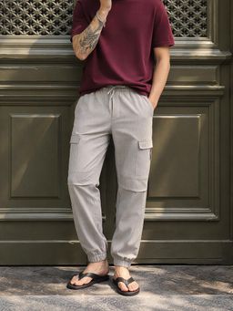 The Indian Garage Co - Men Grey Relaxed Fit Textured Mid-Rise Joggers