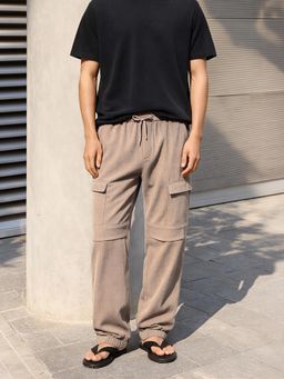 The Indian Garage Co - Men Brown Relaxed Fit Textured Mid-Rise Joggers