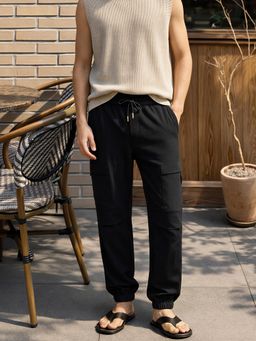 The Indian Garage Co - Men Black Relaxed Fit Textured Mid-Rise Joggers