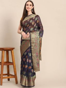 Odette - Dark Blue Woven Organza Saree with Unstitched Blouse