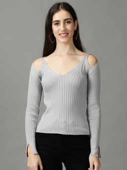 SHOWOFFFF - Womens V-Neck Fitted Textured Grey Regular Top