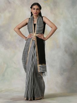 WeaverStory - Handloom Black Banarasi Saree with Grey Stripes Maheshwari Design with Unstitched Blouse