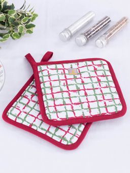 Maspar - Textured Check Cotton Printed Red, Green 2Pc Pot Holder Set