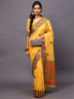 Akhilam - Women's Banarasi Yellow Woven Design Woven Saree with Unstitched Blouse