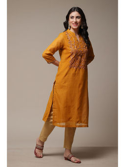 Biba - Womens Yellow Printed Poly Chanderi Straight Kurta