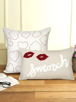 Eyda - Cotton Heart and Kiss Embroidered Cushion Cover Set of 2