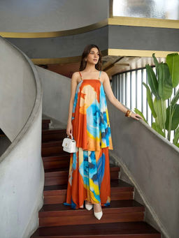 Poppi - Azure Printed Flowy Multi-color Maxi Dress