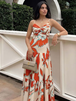 Poppi - Tuscan Printed Strappy Maxi Beige Dress