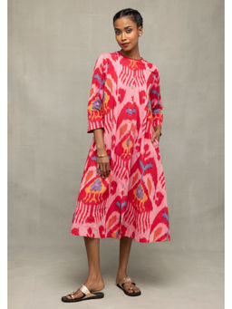 Sutra Art of Clothing - Handloom Pink Abstract Ikat Midi Dress