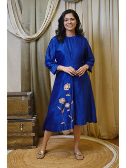 SHOWSHA - Electric Flora Blue A Line Midi Dress
