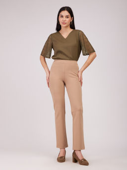 FableStreet - Livin Regular Length Flared Mid Rise Formal Trousers - Beige