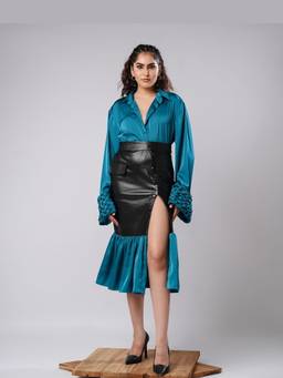 AHI Clothing - Jade - Teal Woven Shirt and Vegan Leather Skirt Co-Ord Set