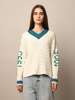 ONLY - Cable-Knit Varsity Pullover Sweater