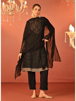 Lakshita - Black Georgette Jacquard Embroidered Kurta with Pant (Set of 2)