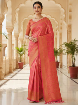 Akhilam - Women Georgette Pink Woven Saree with Unstitched Blouse