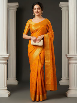 Akhilam - Women Georgette Orange Woven Saree with Unstitched Blouse