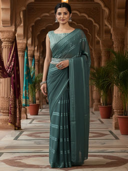 Akhilam - Women Georgette Teal Saree with Unstitched Blouse
