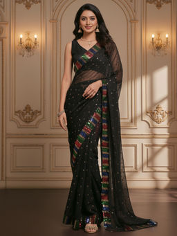 Akhilam - Women Georgette Black Embroidered Saree with Unstitched Blouse