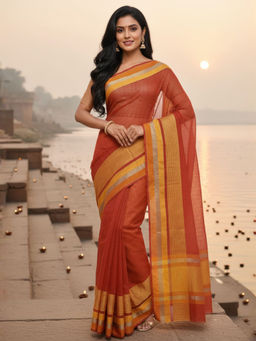 Akhilam - Women Linen Blend Orange Stripes Saree with Unstitched Blouse
