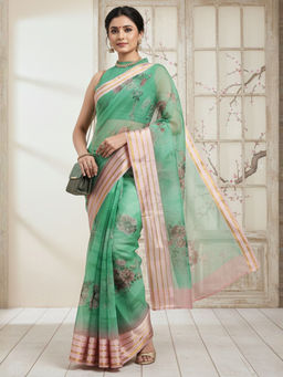 Akhilam - Women Organza Green Floral Saree with Unstitched Blouse