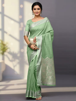Akhilam - Women Linen Blend Woven Green Saree with Unstitched Blouse