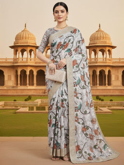 Akhilam - Women Georgette Grey Floral Saree with Unstitched Blouse