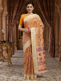 Akhilam - Women Art Silk Mustard Floral Saree with Unstitched Blouse