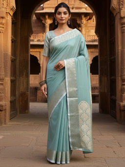 Akhilam - Women Linen Blend Blue Woven Saree with Unstitched Blouse