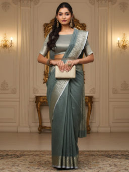 Akhilam - Women Linen Blend Green Woven Saree with Unstitched Blouse