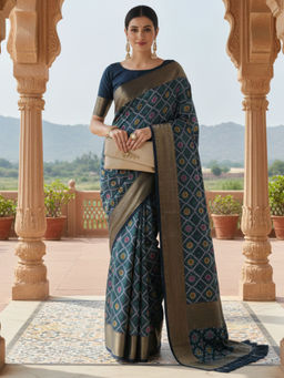 Akhilam - Silk Blend Navy Blue Woven Saree with Unstitched Blouse