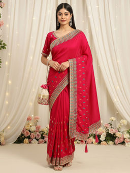Akhilam - Women Pink Silk Blend Embroidered Saree with Unstitched Blouse