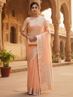 Akhilam - Women Linen Blend Peach Woven Saree with Unstitched Blouse