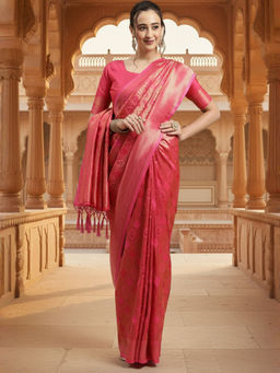 Akhilam - Women Silk Blend Woven Pink Saree with Unstitched Blouse