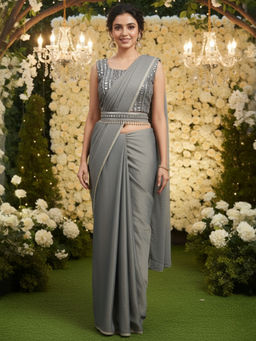 Akhilam - Women Polycotton Grey Saree with Unstitched Blouse